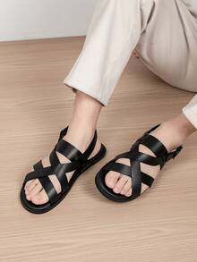 Men's Outdoor Gathering Business Party Vacation Comfortable Slip-On Open Toe Breathable Solid Color High-End Elegant Fashion Versatile Flat Sandals - Black - View 5