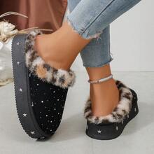 Leopard Print Faux Fur Trim Closed Toe Slippers For Women, Autumn/Winter Outdoor Wear, Starry Rhinestone Thick Sole Thermal Lined Warm Slippers - Black - View 5