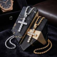 Men's Stainless Steel Cross Pendant Necklace With Rhinestones, Paired With Textured Twisted Rope Chain, Hip Hop Rap Rock Style, Sparkling Rhinestone Design Eye-Catching, Cool Street Vibe - Multicolor - View 1