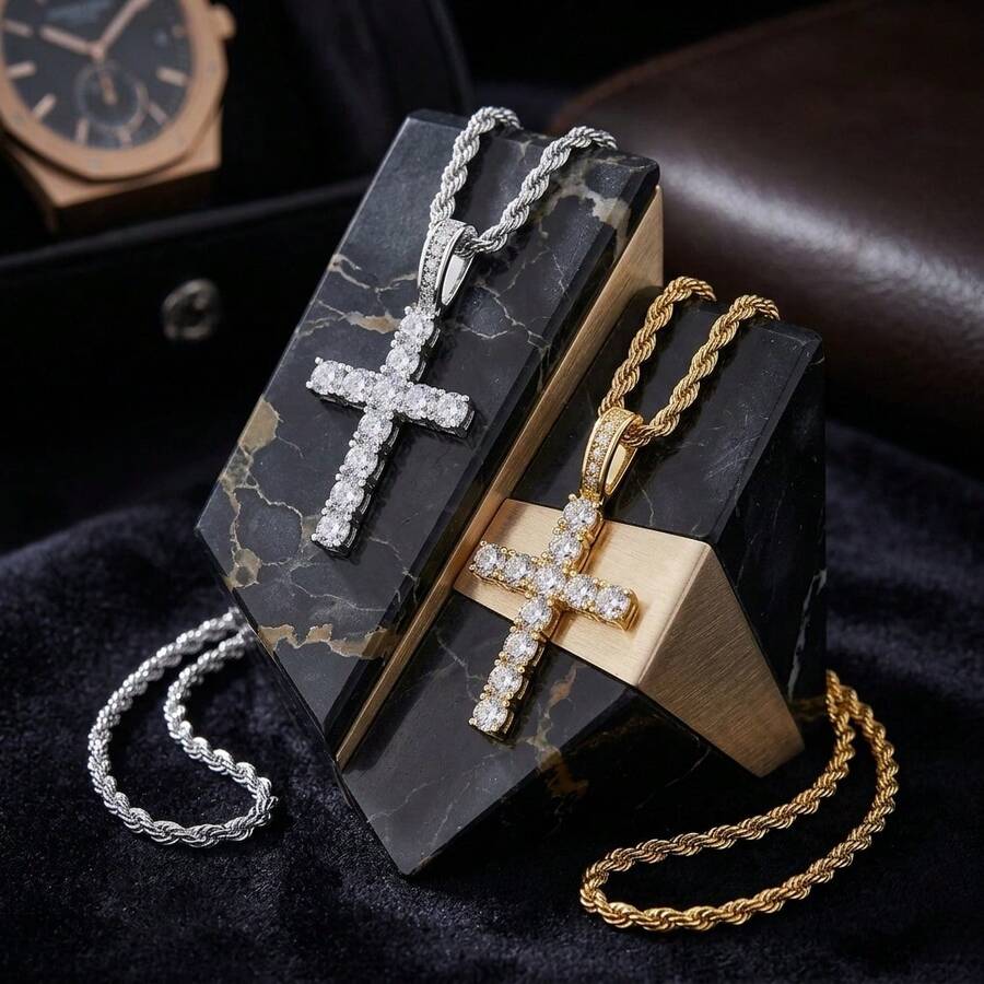 Men's Stainless Steel Cross Pendant Necklace With Rhinestones, Paired With Textured Twisted Rope Chain, Hip Hop Rap Rock Style, Sparkling Rhinestone Design Eye-Catching, Cool Street Vibe - Multicolor - View 1