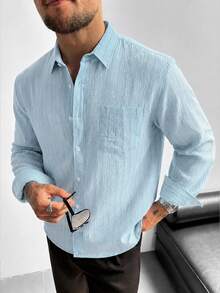 GloMan Old Money Men Linen Light Blue Stripes Textured Button Up Long Sleeve Shirt,Summer/Fall Loose Fit Top Daily,Street,Office,Beach,Husband/Father - Blue - View 5