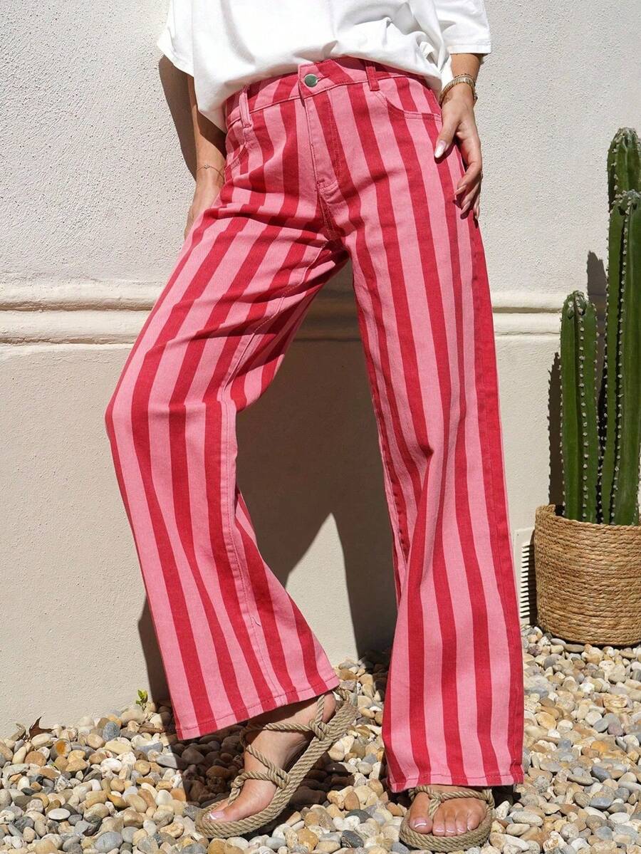 New Fashion Striped Women's Long Pants, Vacation College Daily All-Season Color-Block Trousers - Pink Stripes - View 1