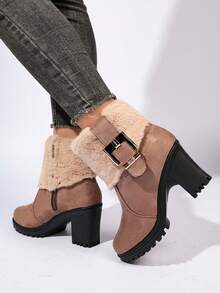 Women's Winter Thermal-Lined Ankle Boots, Brown Suede Fur Trim Buckle Chunky Heel Thick Sole Snow Boots, Side Zipper Design Commuter Versatile Women's Shoes - Apricot - View 2