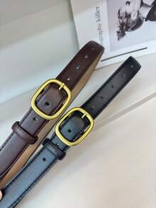 2件組黑色與咖啡色女款極簡時尚休閒PU皮革裝飾腰帶，適用牛仔褲 - 黑色+咖啡色 - 查看 2
