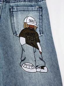 Toddler Cartoon Embroidered Straight Leg Jeans - Blue - View 7