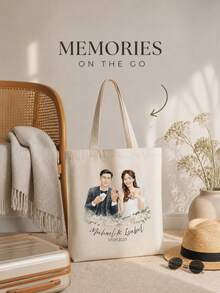 Tas Tote Potret Foto Kustom, Nama dan Tanggal yang Dipersonalisasi, Tas Bahu Seni Cat Air, Hadiah Sentimental untuk Pasangan, Ulang Tahun Pernikahan, dan Penggunaan Sehari-hari - MultiWarna - View 7