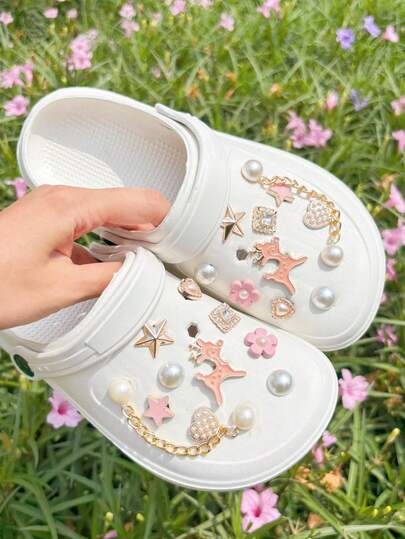 20pcs Gold Pink Cute Deer Accessories, Flowers, Gold Star DIY Shoe Decorations, Suitable For Perforated Sandals, Elegant Fashion, Gift For Girlfriend
