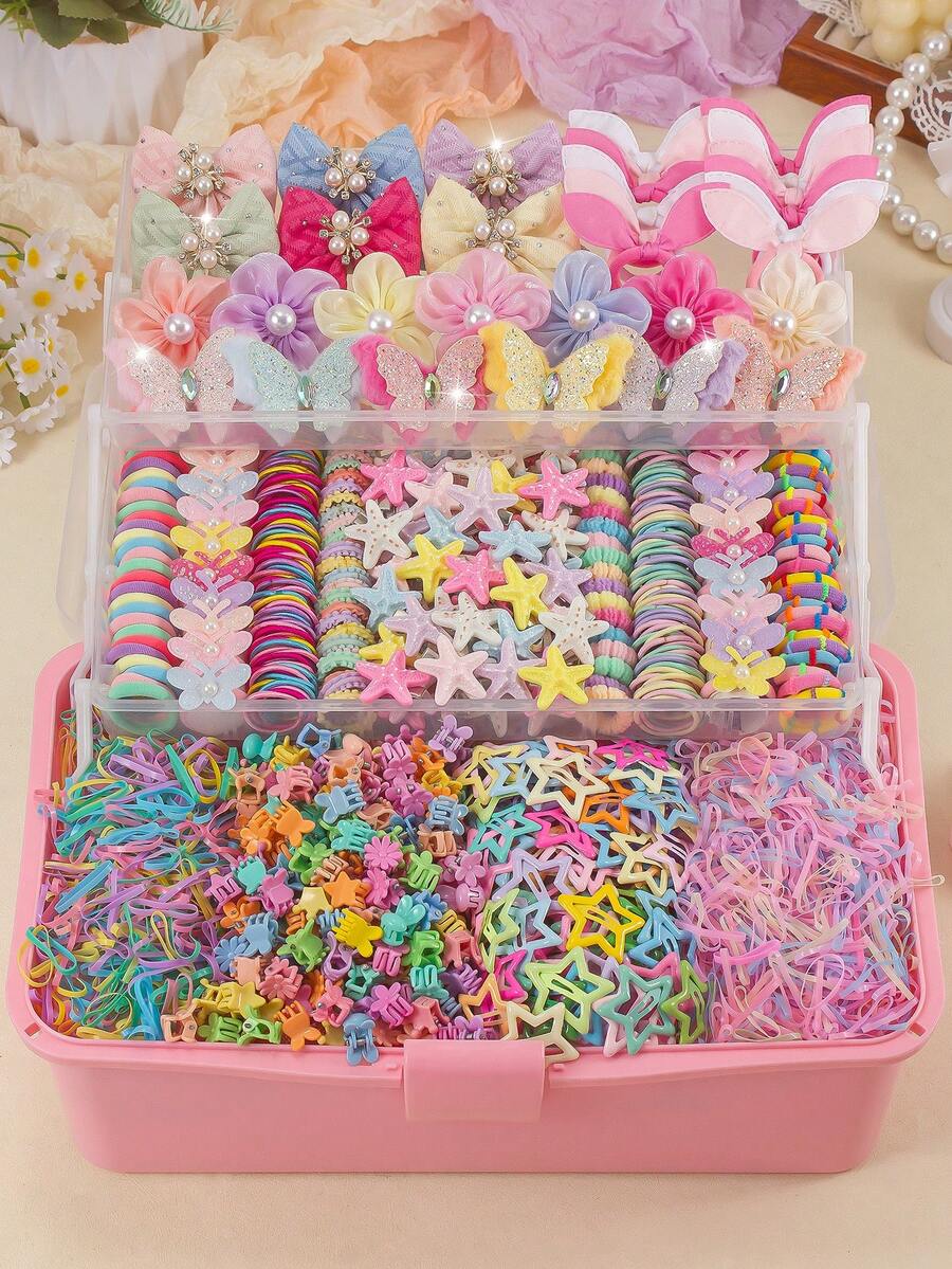 863pcs Shiny Plush Girls Hair Accessories Set, Including Sequin Butterfly Plush Hair Clips, Starfish/Bow/Flower Hair Clips, Star Snap Clips, Mini Claw Clips, Rabbit/Butterfly Hair Ties, Bamboo Joint Towel Ring Ruffled Elastic Hair Bands And TPU Rubber Bands, Suitable For Daily, Party, Travel Use - Multicolor - View 1