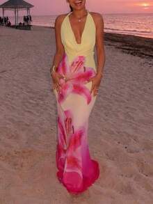 Gradient Lily Flower Print Halter Maxi Dress, Deep V Draped Mesh Bodycon Mermaid Dress Elegant Summer - Multicolor - View 4