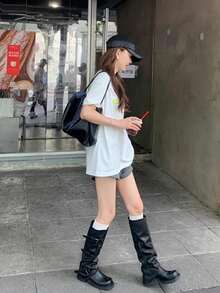 女款厚底增高街頭風靴子 2025新款秋季騎士長靴 中筒靴 棕色復古短靴 - 黑色 - 查看 2