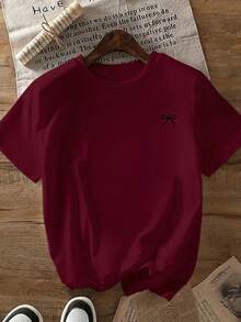 Bow Print Loose Fit Short Sleeve T-Shirt, Spring/Summer Casual - Burgundy - View 3