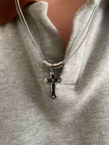 1pc Men's Pendant Necklace, Silver Titanium Steel, Cross Pendant Inlaid With CZ, Personalized Fashion Necklace, Suitable For Daily Wear And Holiday Gift - Silver - View 2