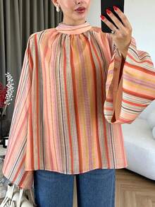 New (No Belt) Women's Striped Colorblock Raglan Top For Beach, Vacation, Daily Wear, All Seasons - Orange - View 3