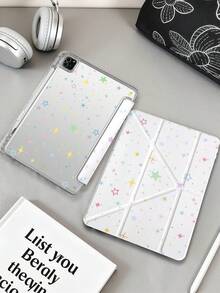 1pc Colorful Star Pattern Tablet Case Compatible With IPad Mini6/7/Air/Air2/9.7/10.2/10.5/10.9 (Air4-Air8)/Pro 11/10th Gen/A16/Pro 11 2024, Double-Sided Painted Design, Transparent Acrylic Back Shell, Silk Texture 8-Fold Stand, Auto Sleep/Wake, Built-In Pencil Slot, Pencil Not Included, Some Models With Camera Frame - Multicolor - View 2