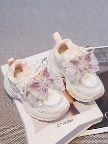 1 Pair Girls' Mesh Breathable Chunky Sneakers With Rhinestone Butterfly Decor, Thick Sole, Soft Bottom, Anti-Slip, Fashion Casual Sports Shoes - Pink - View 4