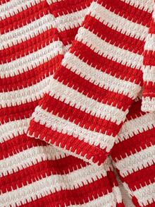 Girls' Casual Fashion Striped Bow Design V-Neck Cardigan Long Sleeve Top And Straight Leg Striped Pants 2-Piece Set, Spring/Autumn - Red - View 5