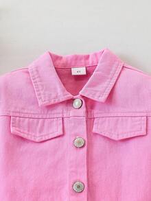 Girls Fashion Set Autumn/Winter Denim Lapel Faux Pocket Jacket Top + Denim Mini Skirt 2 Pieces Set - Pink - View 3
