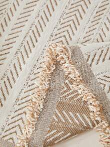 1pc Beige & Coffee Geometric Jacquard Full Coverage Sofa Cover, Retro Minimalist Bohemian Style Polyester Rectangular Sofa Throw, Tassel Edge Soft Decorative Furniture Slipcover, Suitable For Living Room Sofa, Armchair, All-Season Indoor & Outdoor Home Decor - Khaki - View 5