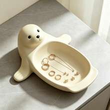 1pc Cute Bear Shaped Small Decorative Tray, White Ocean Animal Key Storage Dish, Cartoon Bear Shaped Jewelry Coin Storage Rack, Entryway Desktop Decor Storage Organizer Home Accessory - White - View 3