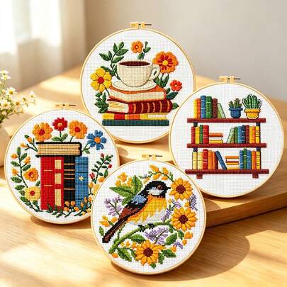Kit de punto de cruz con aro de bordado, paquete de materiales DIY hecho a mano, patrón artístico de estantería, girasol, taza de café y pájaro, opcional set de 1/4 piezas, decoración de pared para el hogar, regalo