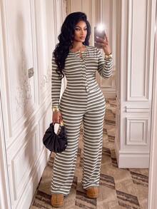 BIUBIU Plus Size Women's Home Set, Striped High Elasticity 2 Pieces Set, Round Neck Top With Wide Leg Pants, Fashion Button Detail - Apricot Brown - View 3