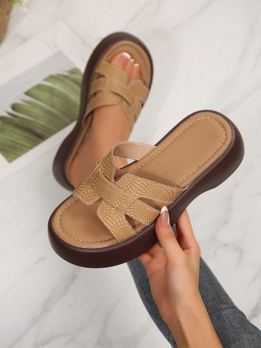 Bohemian Studded Cork Wedge Sandals For Women, Open Toe Platform Wedges, Casual Summer Beach Vacation Shoes - Khaki - View 1