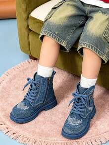 1 Pair Children's Vintage Denim Texture Boots With Embroidery And Side Zipper, Suitable For School, Casual Wear, Autumn/Winter - Blue - View 1