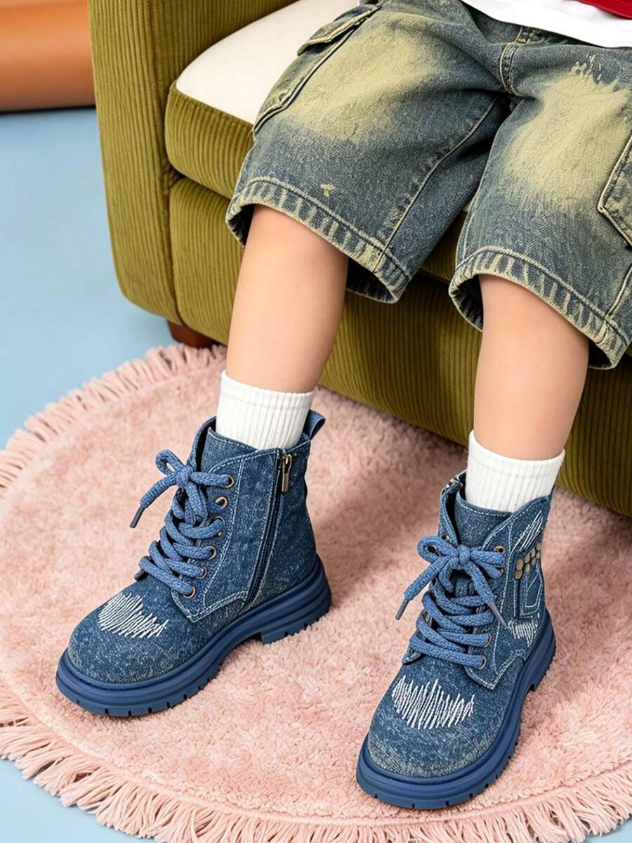 1 Pair Children's Vintage Denim Texture Boots With Embroidery And Side Zipper, Suitable For School, Casual Wear, Autumn/Winter - Blue - View 1