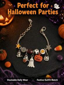 1pc Halloween Demon Pumpkin Ghost Bat Pendant Beaded Bracelet, Suitable For Party, Holiday Gift - Multicolor - View 2
