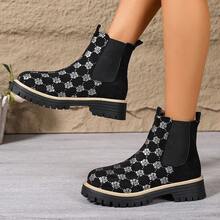 Sepatu Bot Wanita Model Ankle dengan Resleting Samping dan Tali, Sol Tebal, Ujung Bulat, Lubang Tali Logam, Warna Hitam, Sepatu Bot Kerja Motor Musim Gugur/Dingin - Hitam - View 3