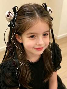 Jepit Rambut Tengkorak Halloween dengan Dasi Kupu-Kupu Hitam dan Pita, Gaya Gotik Gelap, Jepit Rambut Samping Keren dan Manis Terbaru - MultiWarna - View 3