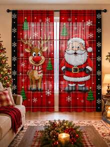 2Pcs Cartoon Santa Claus & Red Nose Reindeer Curtains, Red Plaid Winter Print Pattern, Holiday Window Decor, Semi-Sheer Rod Pocket Curtains, Suitable For Living Room And Bedroom, Rod Not Included, Living Room Christmas Curtains - Cartoon - View 6