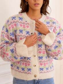Women's Comfortable Plush Knit Cardigan, Pink Floral With Blue Bow Pattern, Long Sleeve Round Neck Button Front Sweater Top - Apricot - View 3