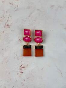 ZAA Geometric Color Block Resin Dangle Earrings, Mid-Century Retro Multi Stone Statement Drop Earrings For Fall Daily Party - Gold - View 13