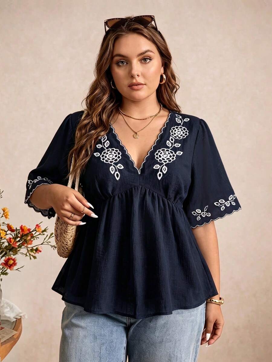 Rusttydustty Bohemian Style Women's Plus Size Short Sleeve Embroidered V-Neck Casual Vacation Top Summer - Navy Blue - View 1