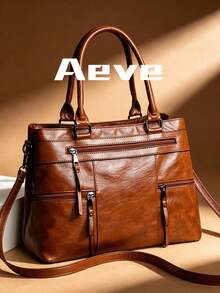 1pc Women's Solid Retro Brown Tote Bag, Large Capacity Multi-Zipper Pockets Handbag - Brown - View 2