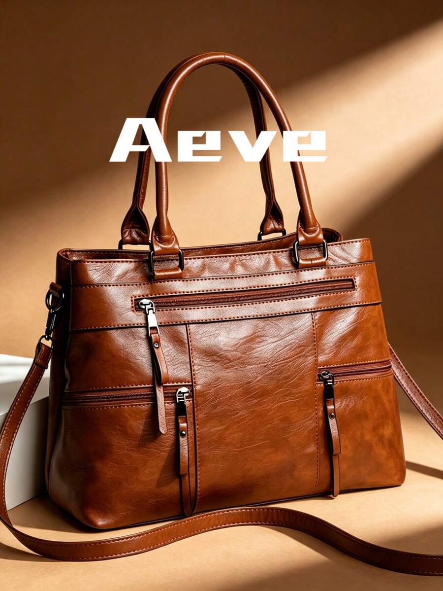 1pc Women's Solid Retro Brown Tote Bag, Large Capacity Multi-Zipper Pockets Handbag