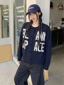 Korean Style Deep Blue Letter Knit Cardigan Women's Autumn/Winter New Round Neck Jacket Fashion Versatile Top - Navy Blue - View 6