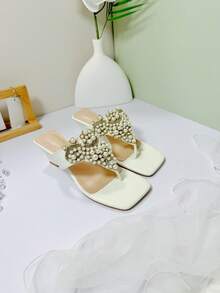Beautiful Women's Wedge Sandals With Pearl Design Decor, Fairy Wedding Party Gathering - White - View 5