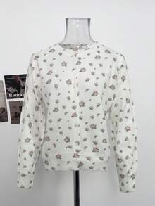 Autumn New Korean Style Gentle Ditsy Floral Cardigan Women's Round Neck Button Knit Top - White - View 7