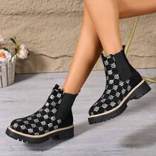 Sepatu Bot Wanita Model Ankle dengan Resleting Samping dan Tali, Sol Tebal, Ujung Bulat, Lubang Tali Logam, Warna Hitam, Sepatu Bot Kerja Motor Musim Gugur/Dingin - Hitam - View 2