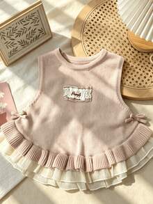 WUHUANG YIYI Flickors stickad väst i mjuk stil med enfärgad mesh, patchworkfåll, sidobåtar, broderad applikation, mångsidig för utflykter, sommar och höst - Babyrosa - Visa 9