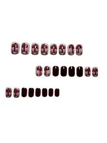 24PCS Burgundy Mushroom Hand-Painted Wearable Nails, Autumn/Winter Skin-Brightening Short Square Nails, Vintage Cute Cartoon Grass Nail Stickers, Removable Nail Tips - Burgundy - View 3