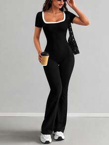 VENORA Contrast Trim Square Neck Cut Out Back Short Sleeve Flare Jumpsuit, Slim Fit High Waist Bodycon Jumpsuit For Daily Sports,Fall,Gym - Black - View 8