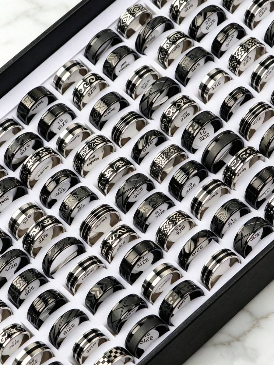 Set Cincin Pria 10/15/20pcs, Cincin Stainless Steel Ukiran Vintage, Perhiasan Hip Hop Punk Ukuran Campuran, Cocok untuk Pemakaian Sehari-hari dan Pesta - Cincin baja tahan karat dengan berbagai gaya. - View 1