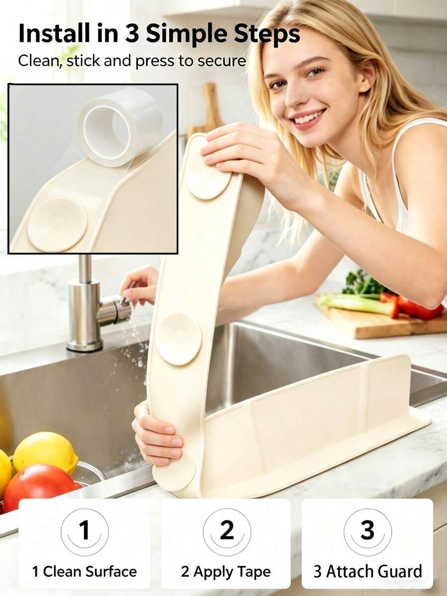 Instant Splash Blocker: Upgraded Silicone Sink Splash Guard With Strong Suction Cups, Easy Tool-Free Installation On Most Countertops, Please Read Instructions Carefully To Ensure Secure Fit - View 1