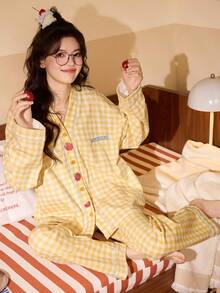 2pcs/Set Women's Pajamas Homewear, Cardigan V-Neck Fruit Letter Print With Pockets Long Sleeve Long Pants, All Season - Yellow - View 10
