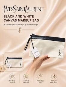 YSL Black And White Canvas Makeup Bag, 23*14.5cm, Sold Individually, Minimalist Contrast Design, Zipper Closure, Portable, Suitable For Daily Storage And Travel - Black and White - View 3