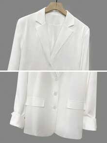 Set Blazer Lengan Panjang Wanita Warna Polos Musim Gugur/Dingin, Berlapisan, Berbantalan Bahu, Ukuran Besar, Bahu Lebar, Kancing Tunggal, dan Lipatan Manset & Rok Lipit Lurus Panjang Sedang - Putih - View 7
