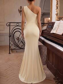 Maternity Women's Stretchy Apricot One-Shoulder Ruched Maxi Dress With Side Slit For Evening Cocktail Formal Events - Apricot - View 2